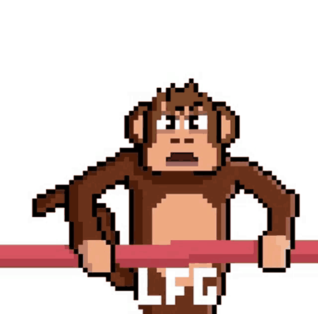 a pixel art of a monkey holding a red stick with the letters lfg on it