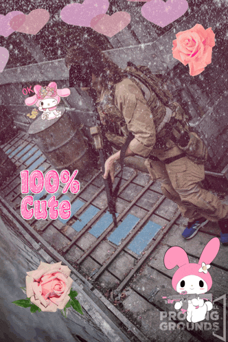 a picture of a man holding a gun and the words 100 % cute