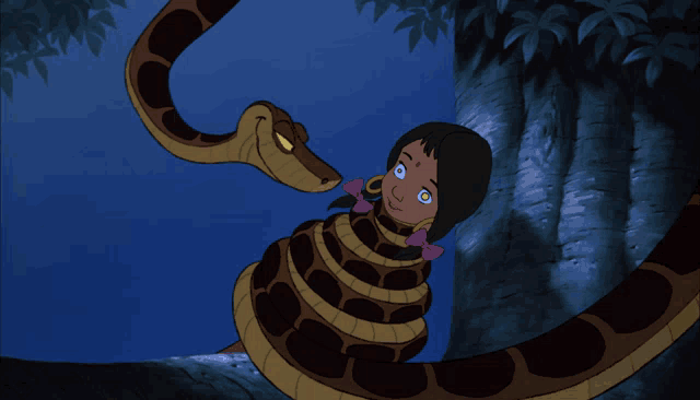 a cartoon of a girl with a snake around her neck