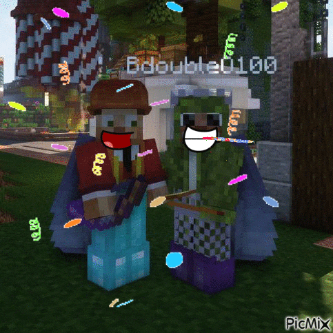 a couple of minecraft characters standing next to each other with the name bdouble01001 on the bottom right