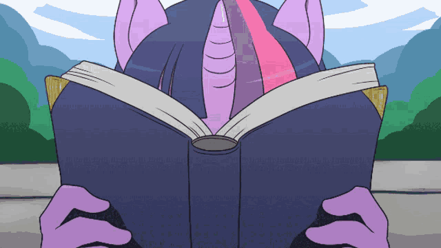 a cartoon drawing of a purple pony reading a book