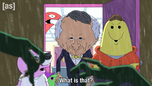 a cartoon character says what is that in front of a group of monsters