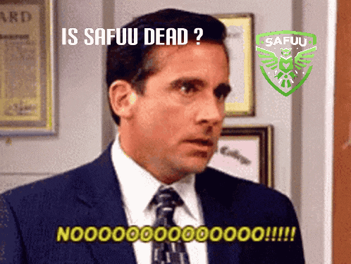a man in a suit and tie is asking if safuu dead