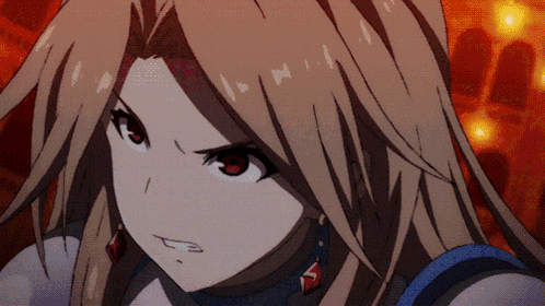 a close up of a girl 's face with a red eye