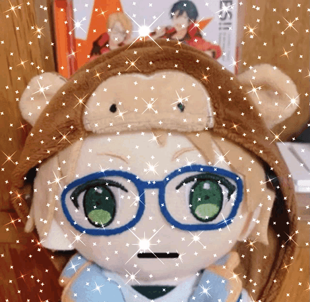a stuffed animal with glasses and a bear hat