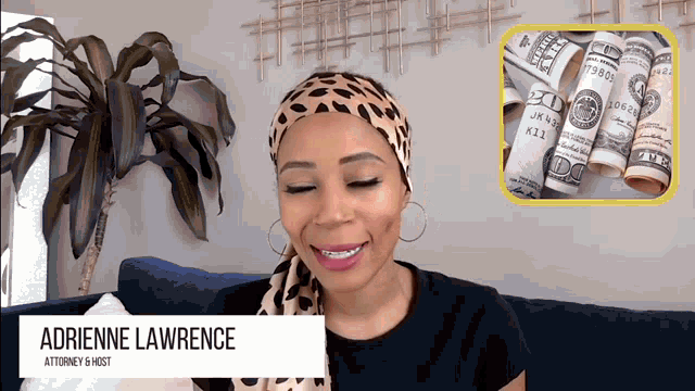 a woman named adrienne lawrence sits on a blue couch