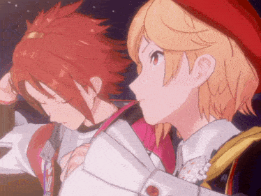two anime characters one with red hair and one with blonde hair
