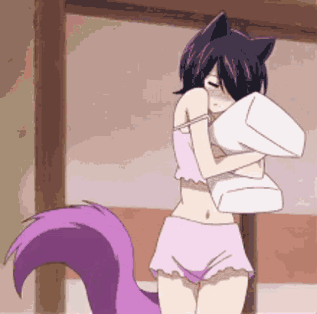 a girl with a purple tail holding a pillow