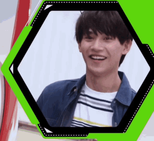 a young man in a denim jacket is smiling in a green frame