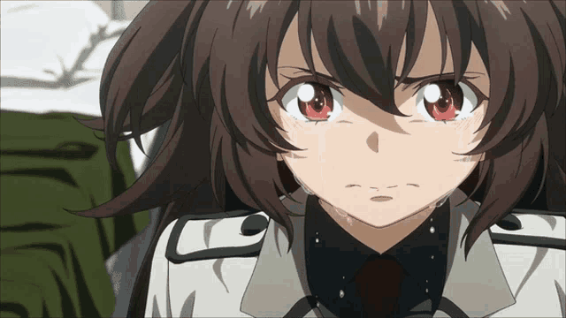a girl with brown hair and red eyes is wearing a white jacket