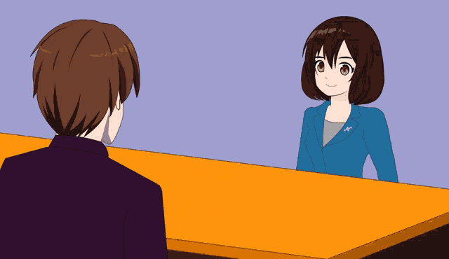 a cartoon drawing of a woman giving a man a piece of paper