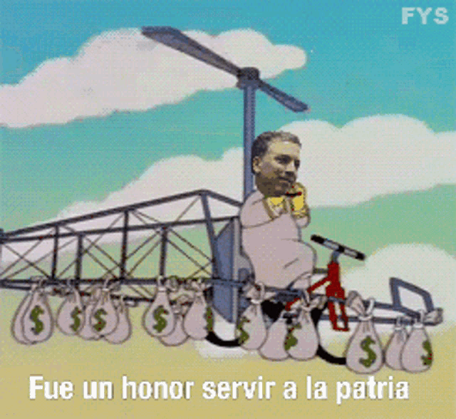 a cartoon of a man riding a bike carrying bags of money with the words fue un honor servir a la patria below him