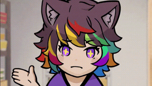 a cartoon character with rainbow hair and purple eyes