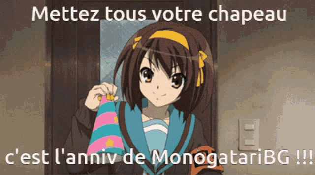a picture of a girl with the words mettez tous votre chapeau on it