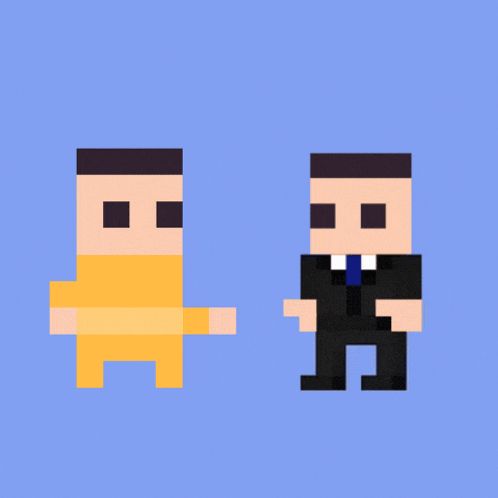 a pixel art drawing of a man in a yellow shirt and a man in a black suit