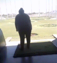 a silhouette of a person standing on a mat in front of a golf course