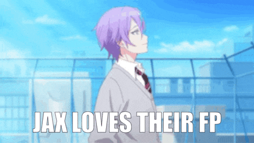 a man with purple hair and a tie is standing in front of a fence and says jax loves their fp .