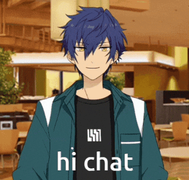 a boy with blue hair is wearing a shirt that says lst hi chat