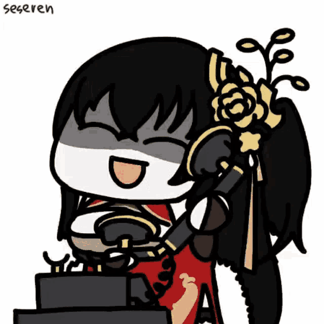 a cartoon of a girl talking on a telephone with a flower in her hair .