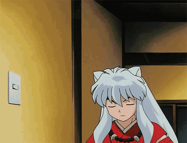 a cartoon character with cat ears is standing in a room