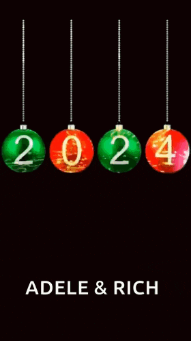 a greeting card for adele and rich with christmas balls and the year 2024