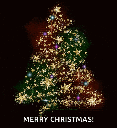 a merry christmas card with a christmas tree made up of stars