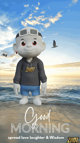 a cartoon character on the beach with the words good morning spread love laughter & wisdom