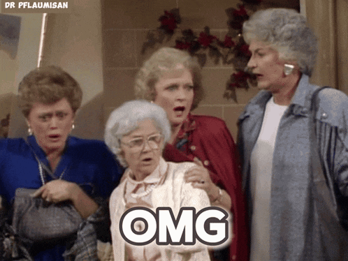 a group of older women are standing next to each other and one of them is saying " omg "