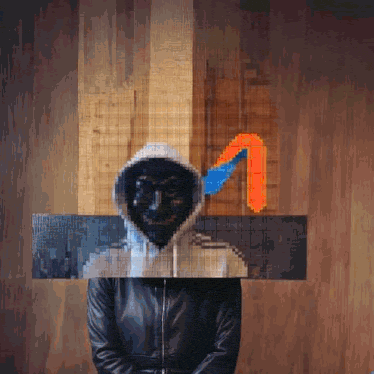 a pixelated image of a person wearing a hooded jacket and a mask
