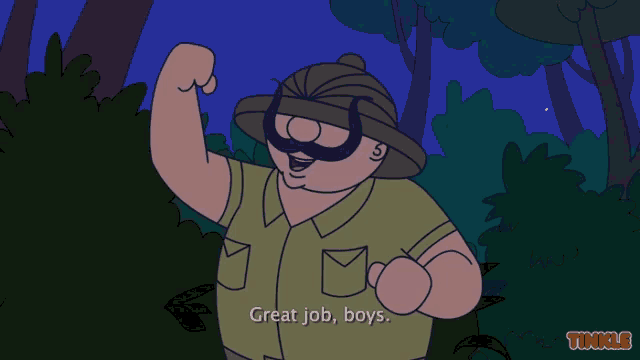 a cartoon of a man flexing his muscles says great job boys