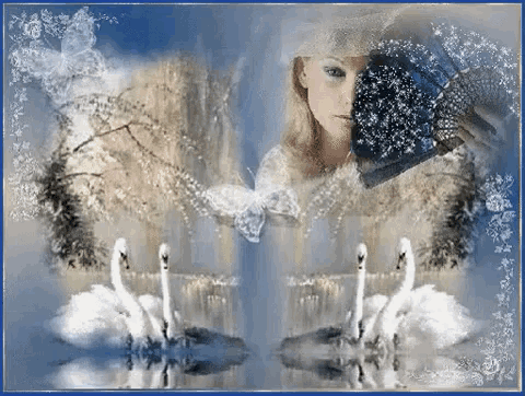 a woman is holding a fan in front of her face and swans are in the background