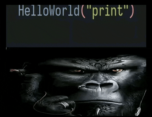 a picture of a gorilla with headphones and the words helloworld ( " print " ) below it