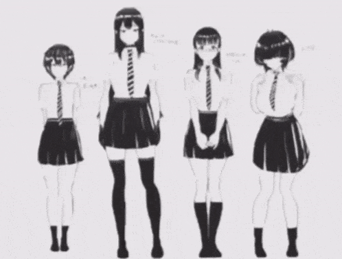 a black and white drawing of four girls wearing school uniforms and ties