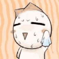 a cartoon character is sweating while holding a towel over his face .