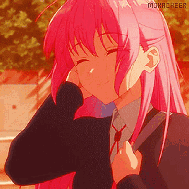 a picture of a girl with pink hair and the name monacheer on the bottom right