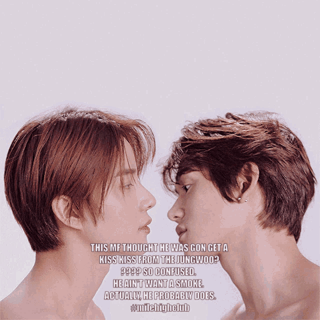 a picture of two men kissing with the caption this me thought he was gon get a kiss kiss from the jungwook