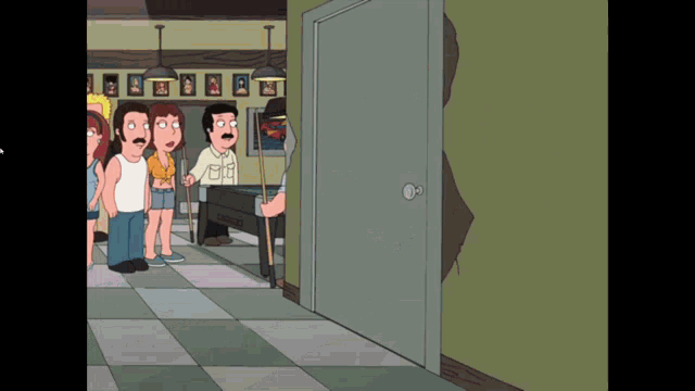 a group of cartoon characters standing in a hallway with a pool table in the background