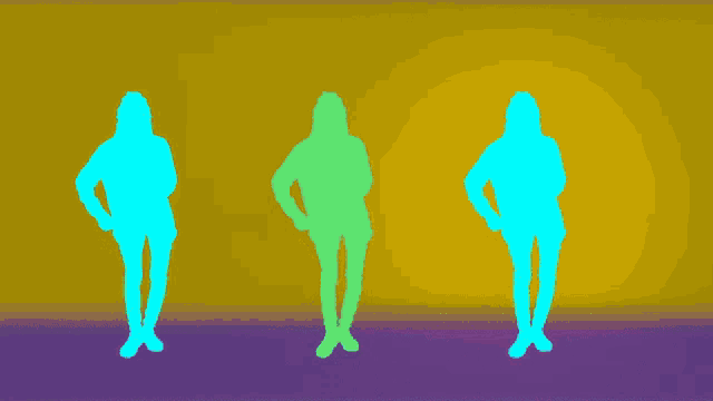 three blue silhouettes of women are dancing on a purple and yellow background