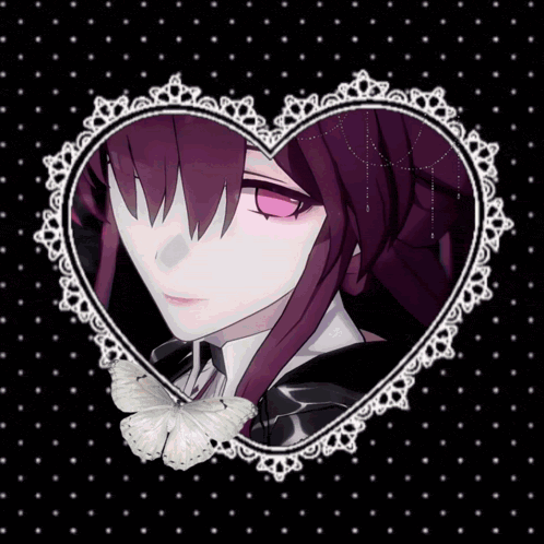 a picture of a girl with purple hair is in a heart shaped frame
