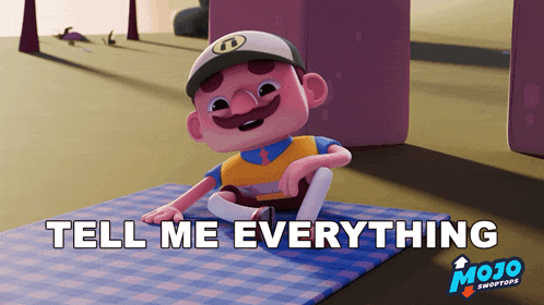 a cartoon character is sitting on a picnic mat with the words tell me everything above him