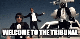 a group of men in tuxedos are dancing in front of a yacht and the words welcome to the tribunal