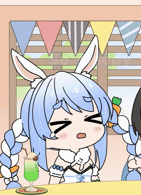 a cartoon drawing of a girl with bunny ears drinking a green drink