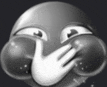 a black and white drawing of a smiley face with a hand covering its mouth .