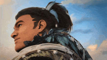 a man with feathers on his head looks to the side