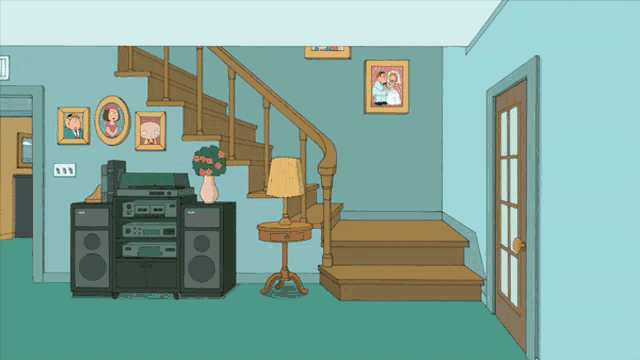 a cartoon drawing of a living room with stairs and pictures on the walls