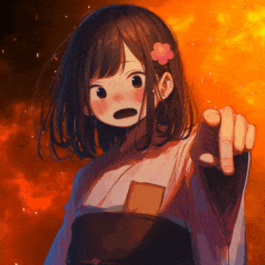 a girl with a flower in her hair is pointing her finger