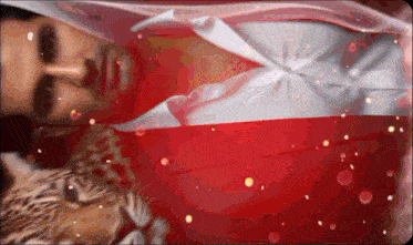 a man in a red shirt is laying down with a leopard