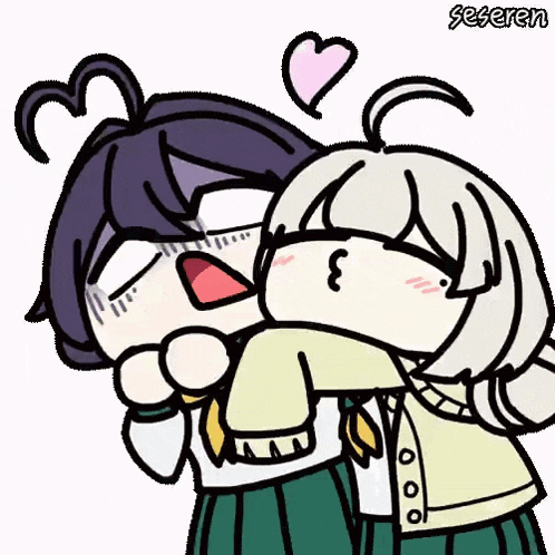 a cartoon of a girl hugging another girl with a heart above them .