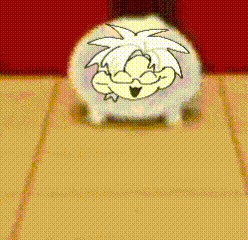 a cartoon character is sitting on a carpet with a red background .