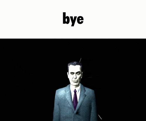 a man in a suit and tie is standing in the dark with the word bye above him